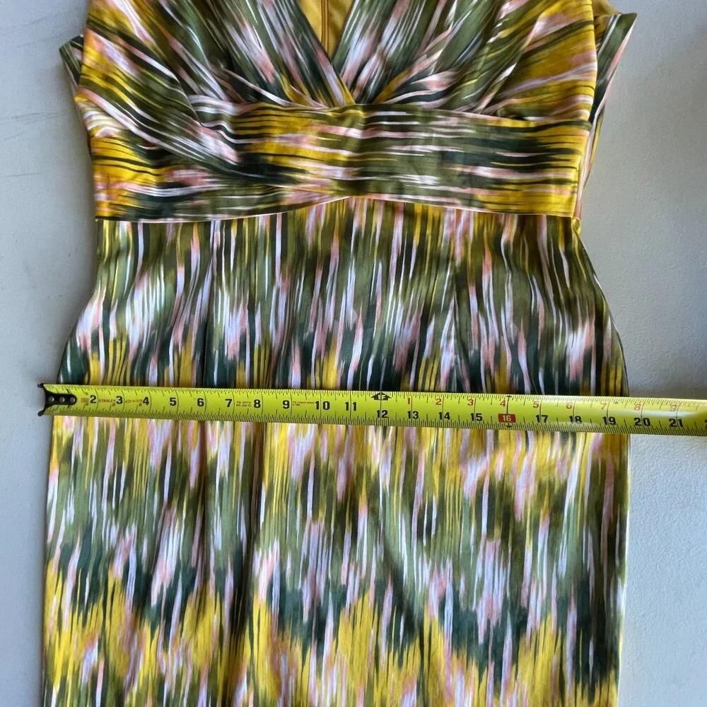 Ikat Print Donna Ricco Cotton Blend Yellow Green Sheath Dress 14